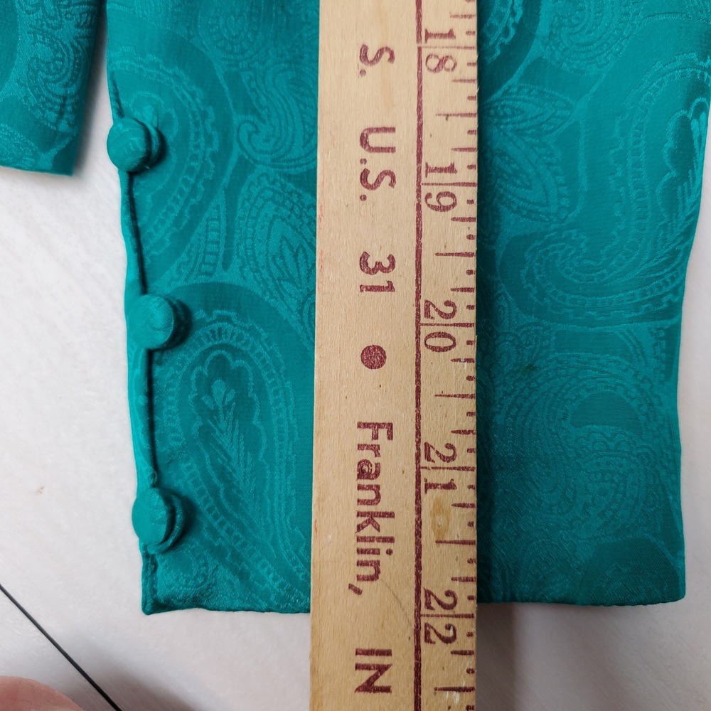 Papell Petites Vintage 100% Silk Teal Paisley Jacquard Skirt Suit Set 12P Luxury - Picture 7 of 16